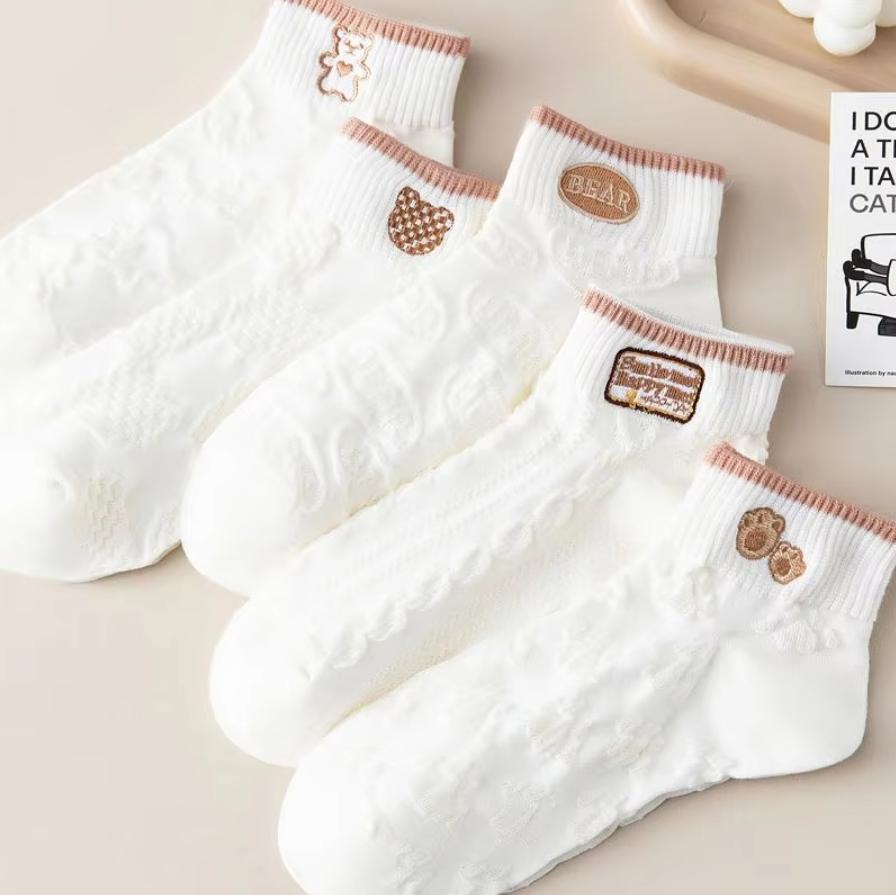 5 párů Kawaii roztomilých květinových 3D texturovaných kotníkových ponožek - Tenké ponožky nízkého střihu ve vintage stylu pro ženy