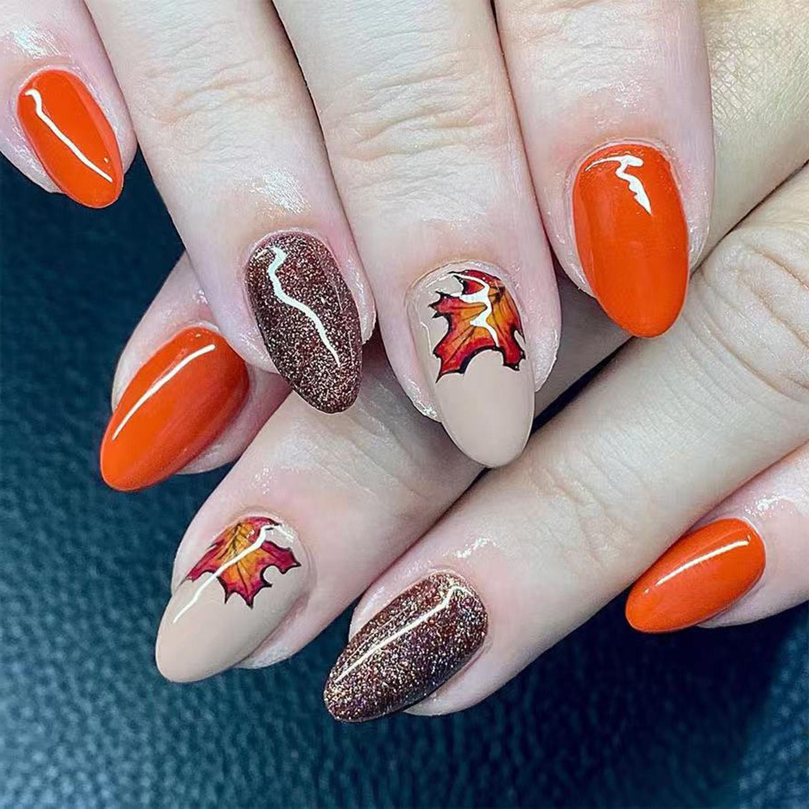 

Осенние накладные ногти в форме миндаля с дизайном с блестками, наклейки на ногти для Дня благодарения, осенние наклейки на ногти