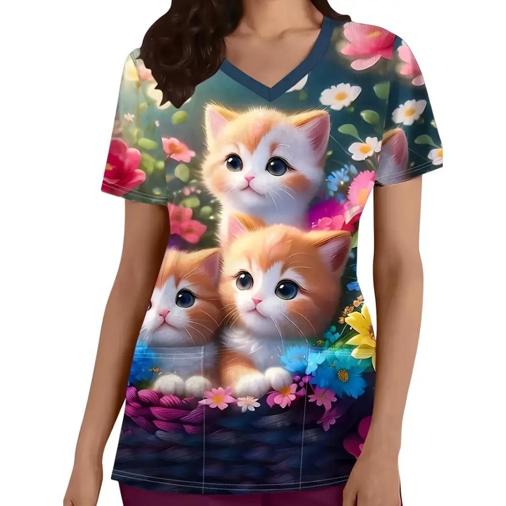 Clinical Uniform Cute Cat Cartoon Print Fashion Short Sleeve Casual V-Neck Vet Medical Clothes Women's T-shirts