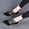 Fashion 2024 New Summer Pointed Toe Elegant Women Dress Shoes Black Lace Rhinestone Slip-on Mesh Sandals Medium Heel Zipper Ladies Pumps