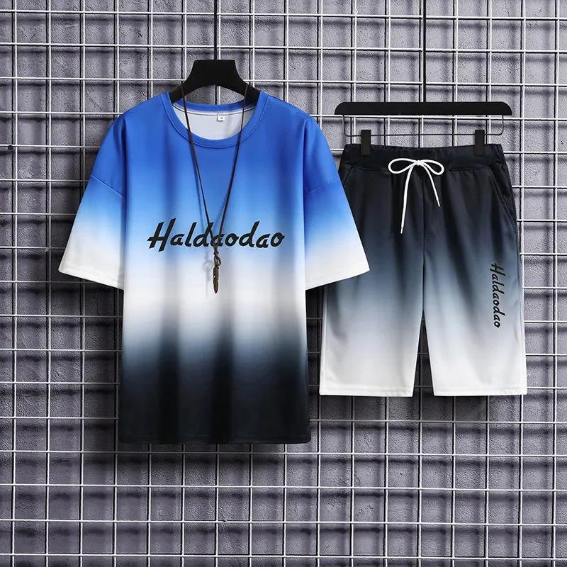 

Летние повседневные спортивные мужские шорты с короткими рукавами, мужская молодежная футболка с градиентом из двух частей M