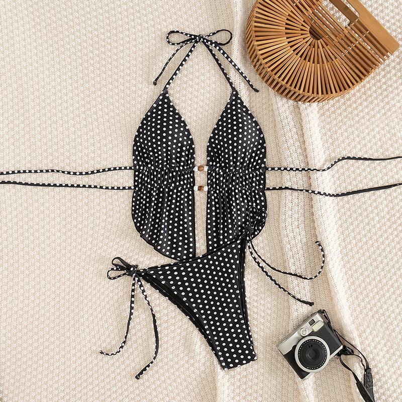 

Сексуальный купальник бикини в горошек, женский раздельный купальник на шнуровке, комплект бикини из двух частей, пляжная одежда L чёрный