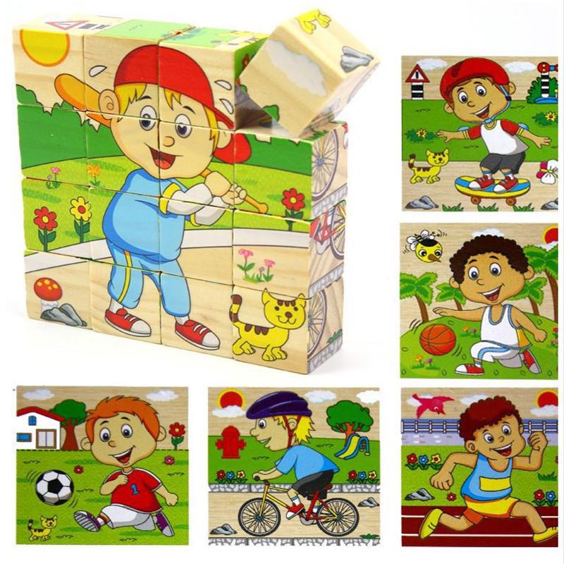 16pcs/set 3D Kids Wooden Blocks Toys Cartoon Print Animal/Sea World Domino Children Educational Toy