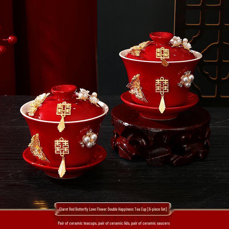 Double Happiness Butterfly Love Teacup Set: Wedding Bowls, Red Tea Set, Chopstick Pair, Dowry Gift