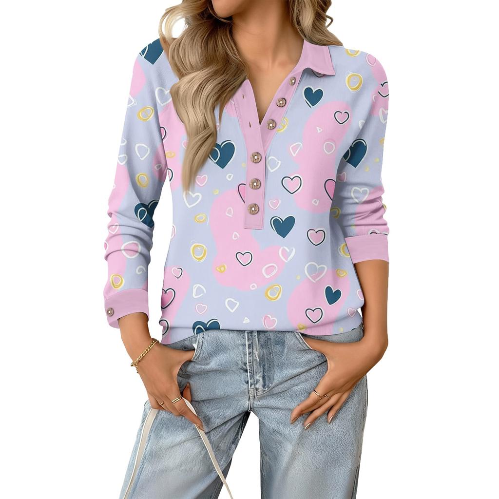 Damen Retro Street Lässiger V-Ausschnitt Langarm Knopf Valentinstag Herz Pullover Top