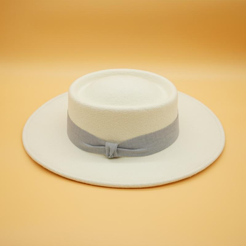 French Retro Simple White Woolen Flat Top Panama Top Hat Female Autumn And Winter British Celebrity Felt Elegant Hat