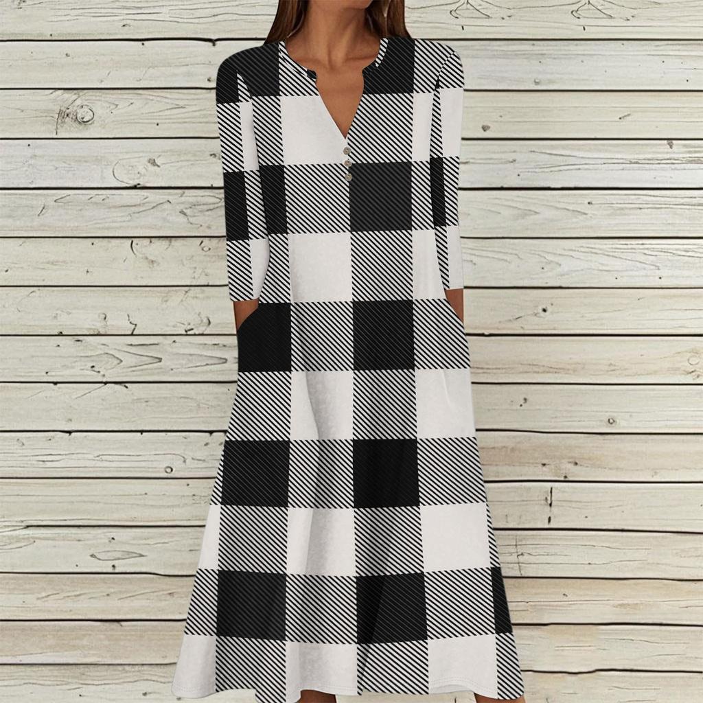 Women's Summer Casual V-Neck Button Retro Polka Dot Print Three-quarter Sleeve Long Dress With Pockets