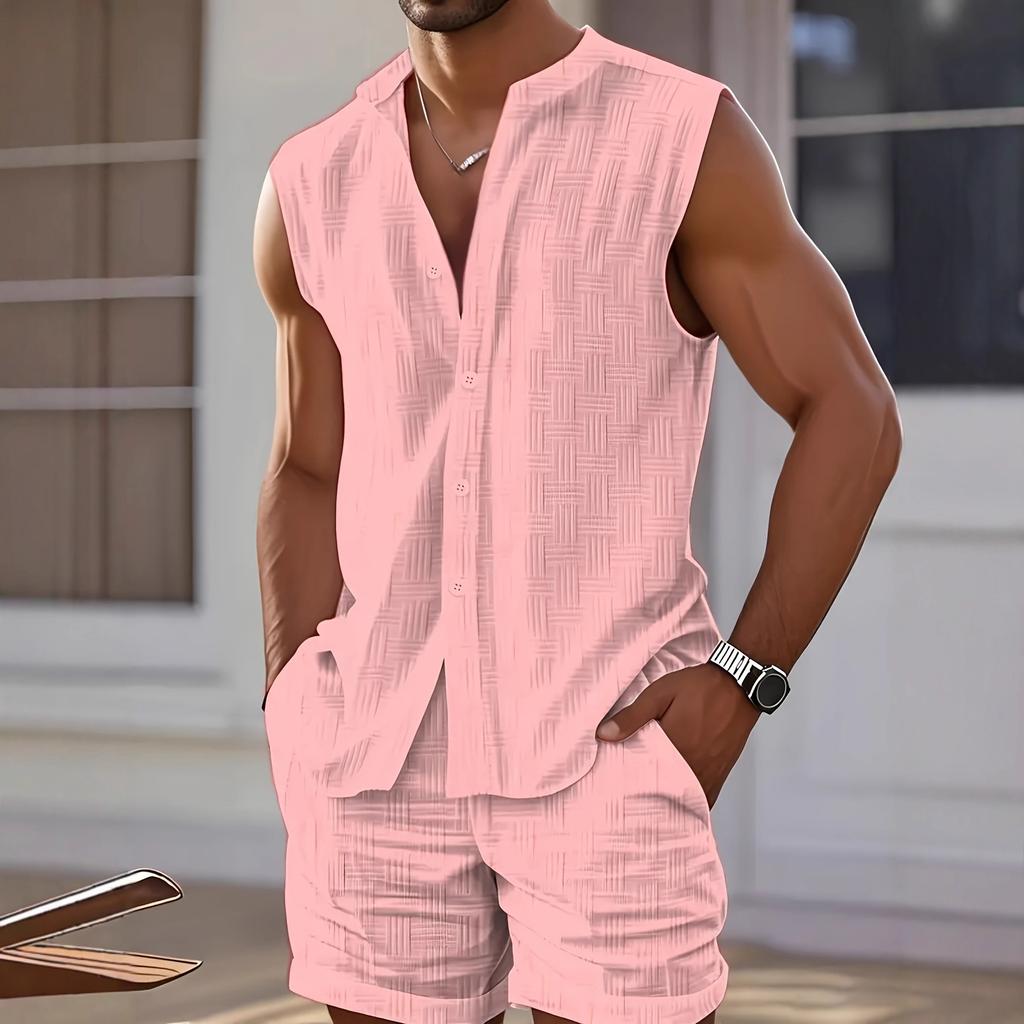 Summer Fashion Men's Jacquard Casual Stand Collar Sleeveless Cardigan Shorts Sports Men's Suit