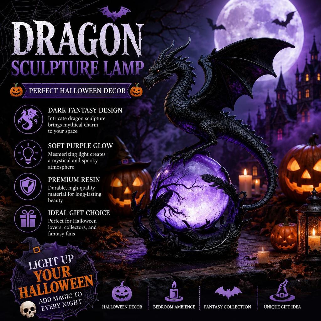 Gothic Dragon Table Lamp, Creative European Style Dragon Night Light Resin Ornament, Halloween Decor Lamp for Bedroom Study
