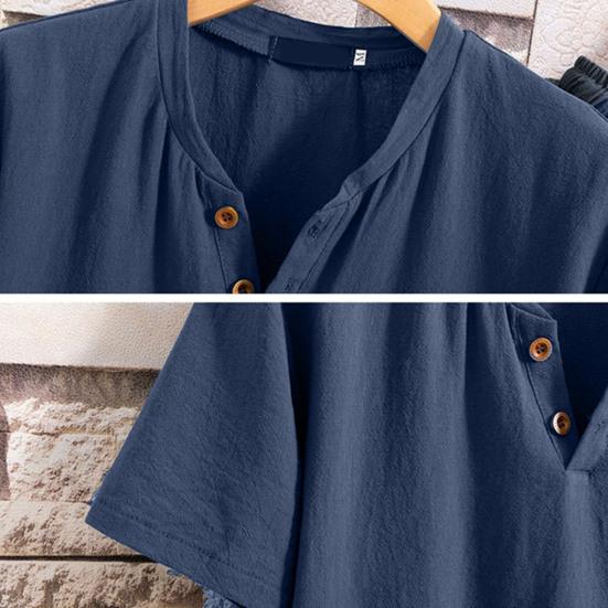 2 Pcs/Set Men T-shirt Shorts Set Solid Color Elastic Waist Loose V Neck Drawstring Homewear Deep Crotch Plus Size Casual Summer