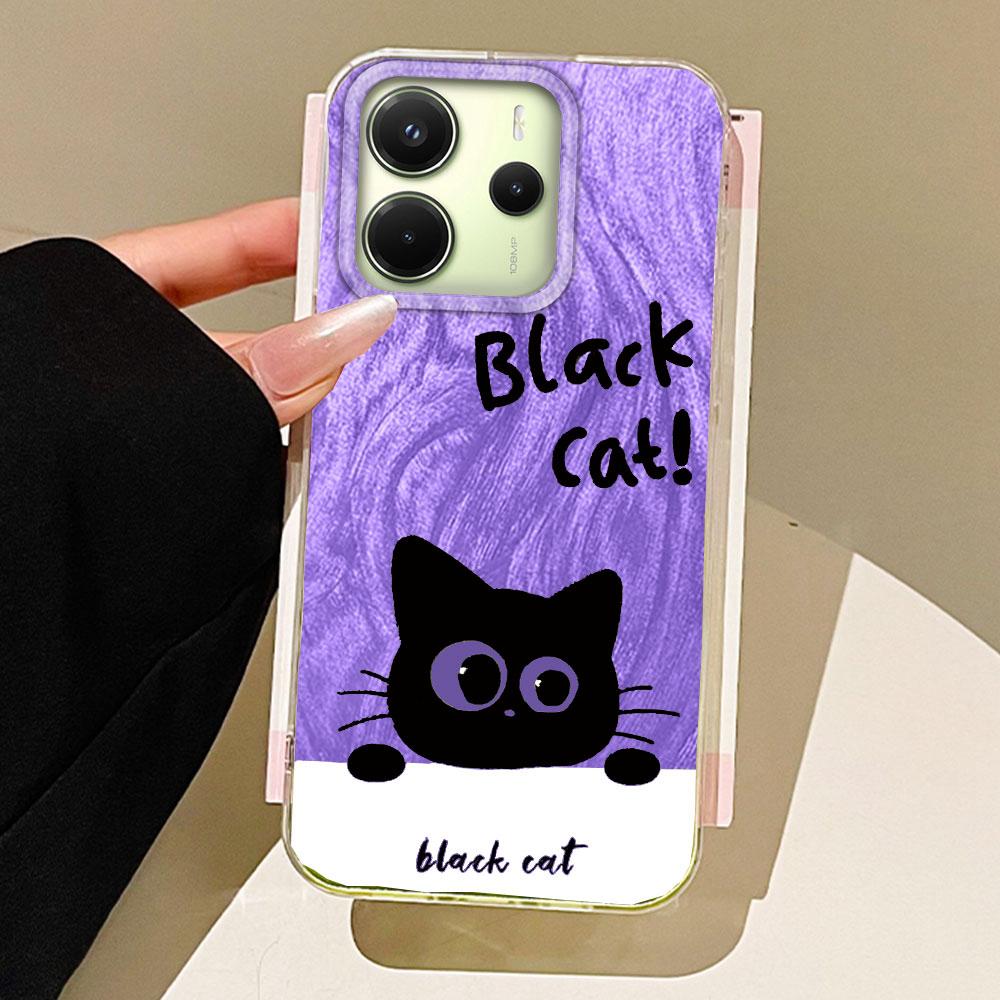 Green Cartoon Black Cat Camlet Texture Phone Case for Xiaomi Redmi 13C 14C A5 A3 A4 A3X Note 14 13 12 11 11S 10 Pro Shell Cover