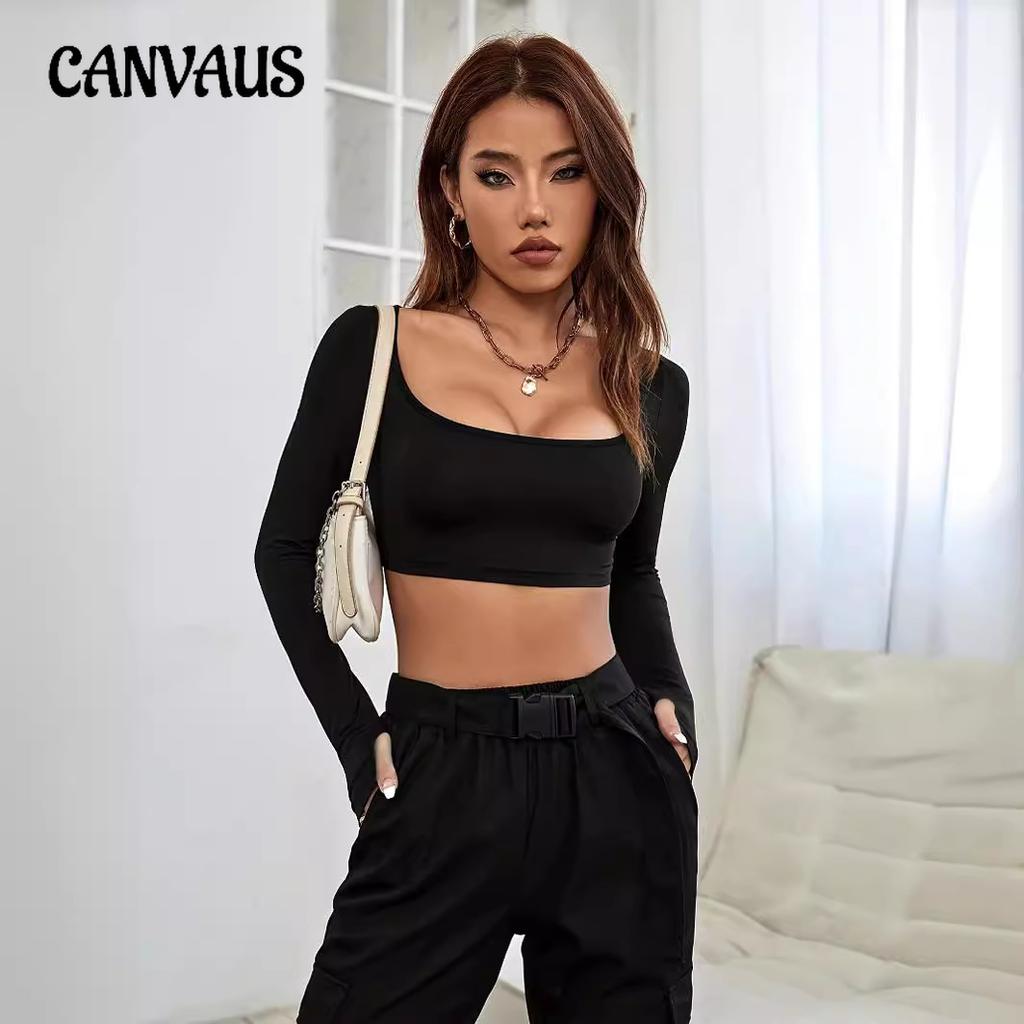 Spring Women's Athletic Casual Cut-off Style Knit High Stretch Long Sleeve Top