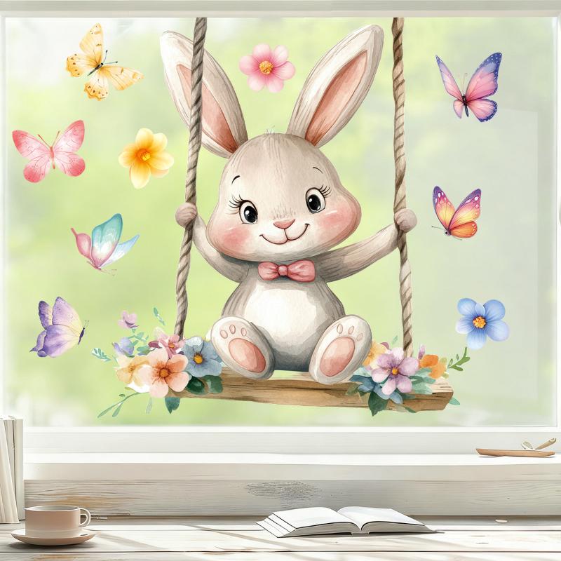 1 Sheet Cute Rabbit Colorful Egg Stickers Easter Electrostatic Patch Glass Window Decals Children'S Room Decoration