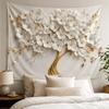 Gold Branch White Floral Tapestry 3D Blossom Tree Wall Art, Neutral Aesthetic Room Wall Decor