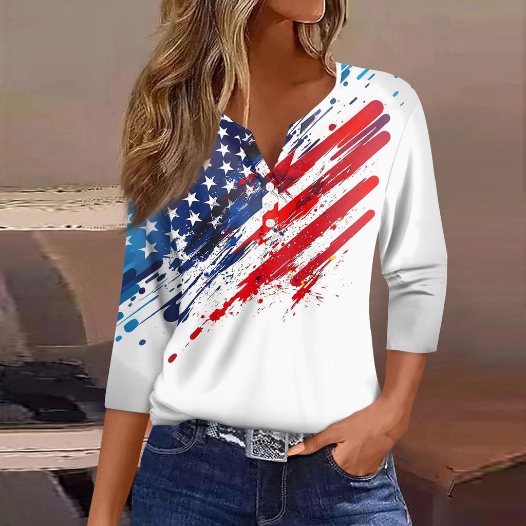 Women's T Shirt Independence Day Print Button 3/4 Sleeve Daily Weekend Fashion Basic V- Neck Regular Top