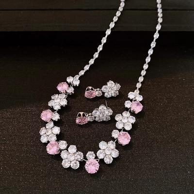 Inlaid Rhinestone Zircon Flower Zircon Sets for Women Exaggerated Sweet Collarbone Chain Light Luxury Necklace Earrings Set