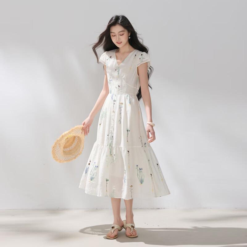 Sancai Summer French Romantic Embroidered V-Neck A-Line Maxi Dress