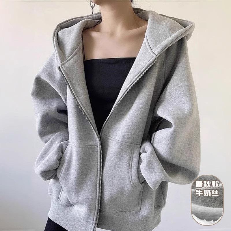 Fleece thickened sweater women, loose lazy wind hooded cardigan jacket in autumn and winter