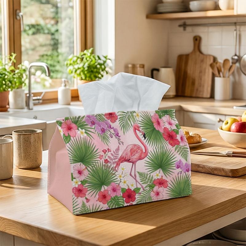 1pc Exotic Pink Flamingo Tissue Holder | Versatile Napkin Dispenser, Ideal for Home Use, Parties, And Car Decor Hibiscus Palm Leaf Floral - Stylish Ti
