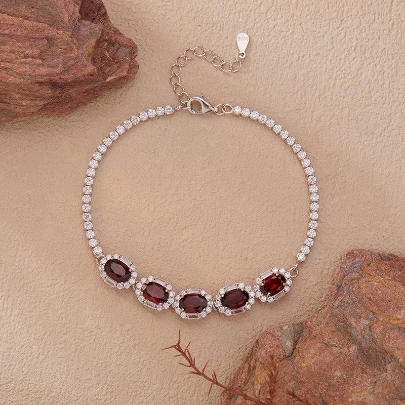 S925 Sterling Silver Inlaid Natural Color Treasure Garnet Bracelet Women'S Xiaohongshu Earrings Jewelry