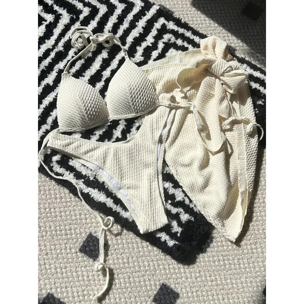 With Beach Sarong Bra Cup Wrinkled Bikini Female Swimsuit Women Swimwear Three-pieces Bikini Set Push Up Bathing Suit Swim Lady