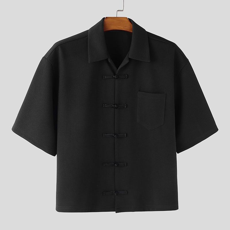INCERUN Summer Men Lapel Neck Short Sleeve Vintage Knot Casual Shirts Tops M