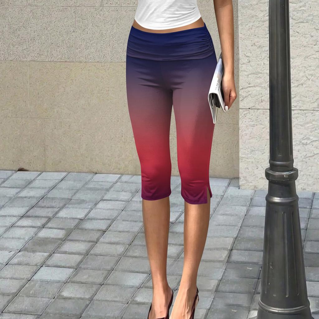 Women’s Slim Fit Printed Ruched Capris Pants Stretchy High Waist Cropped Trousers for Casual and Daily Wear