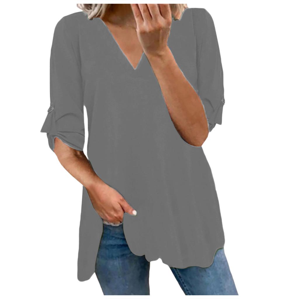 TYQQU Women's V Neck Chiffon Blouse - Roll Sleeve Casual Top For Work & Parties