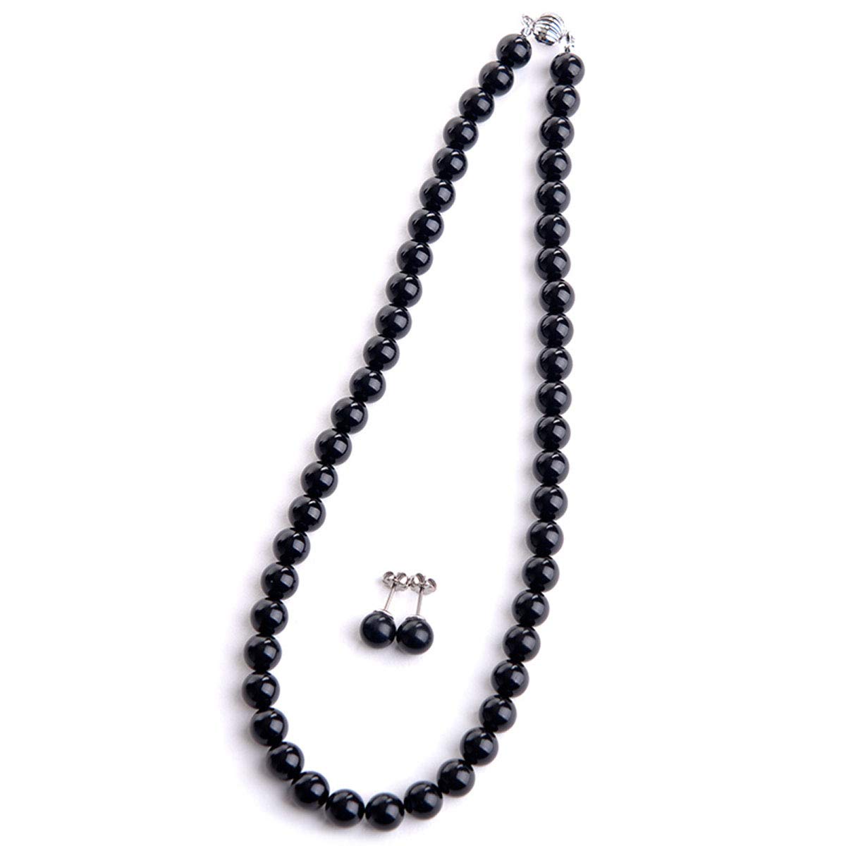 

[Aurora] 8mm Jet Necklace and Earrings Set with Gift Box, Black Amber, 16-inch, 17-inch, 18-inch (42cm, 45cm, 47cm) Choker Princess (Earrings,