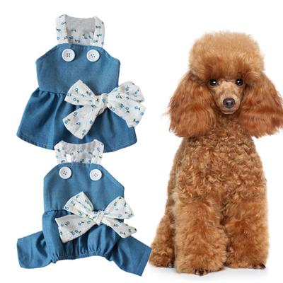 Summer Denim Pet Dress with Bow Button Flower Design Soft Dog Cat Halter Dress for Yorkies Pomeranians Shih Tzus Maltese And Poodles