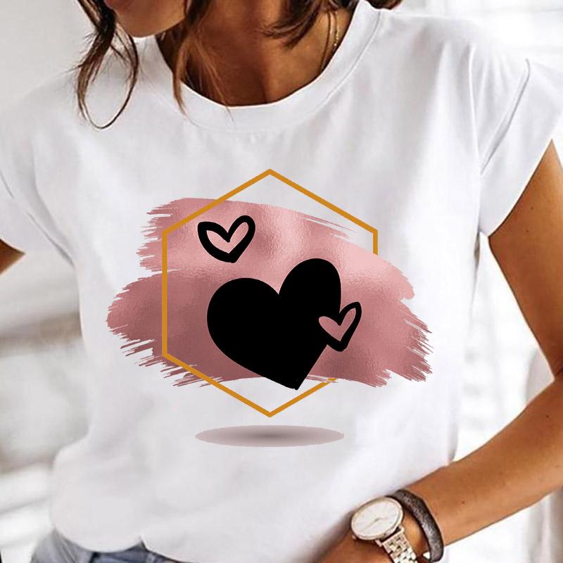 Women Printing Clothes Custom T-Shirt Watercolor Cute Tops Tshirt Short Sleeve Cartoon Heart Print Female Graphic O-Neck Tees