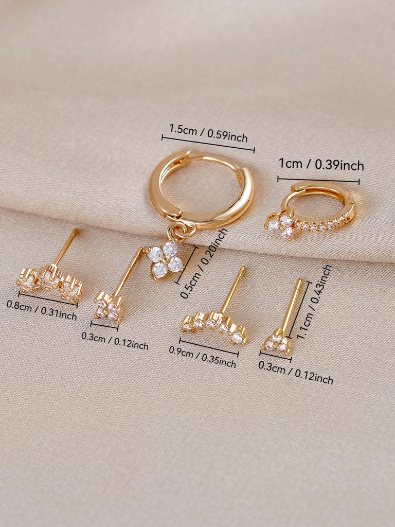 6pcs Romantic Sweet Cubic Zirconia Flower Pentagram Earrings Set for Women Daily Wear Fashion Jewelry Accessory
