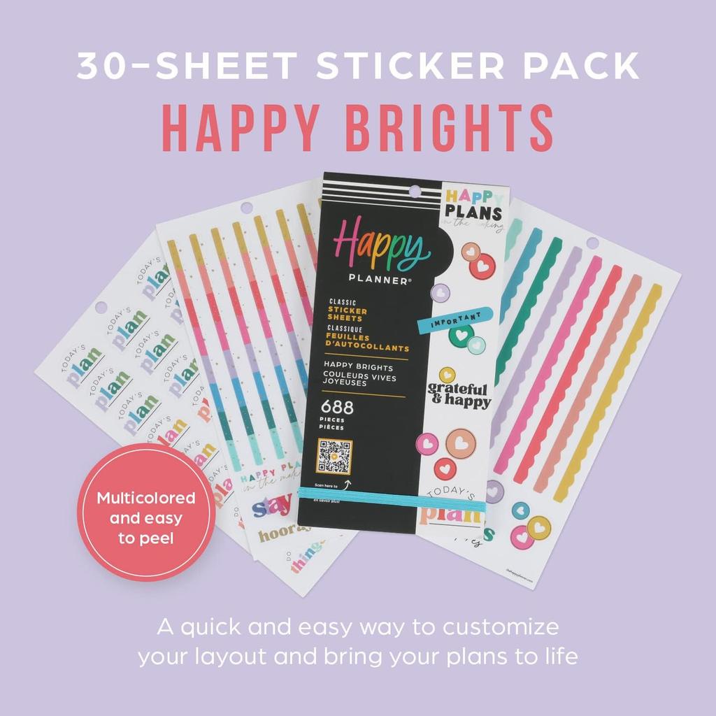 Happy Planner Sticker Pack for Calendars, Journals, and Diary Planners, Multicoloured Scrapbook Accessories, Happy Brights Theme, Classic Size, 30