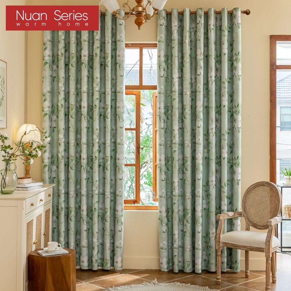 1PC Nuan Series Nordic Countryside Style Green Printed Curtains with Full Blackout Curtains for Bedroom Living Room Balcony Window for Home Decor