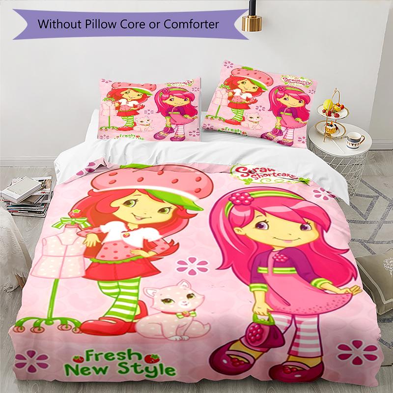 3pcs Strawberry Princess3 Design Cover Set - HD Printed Bedding with 1 Cover and 2 Pillowcases - Perfect for Home and Dorm Decor
