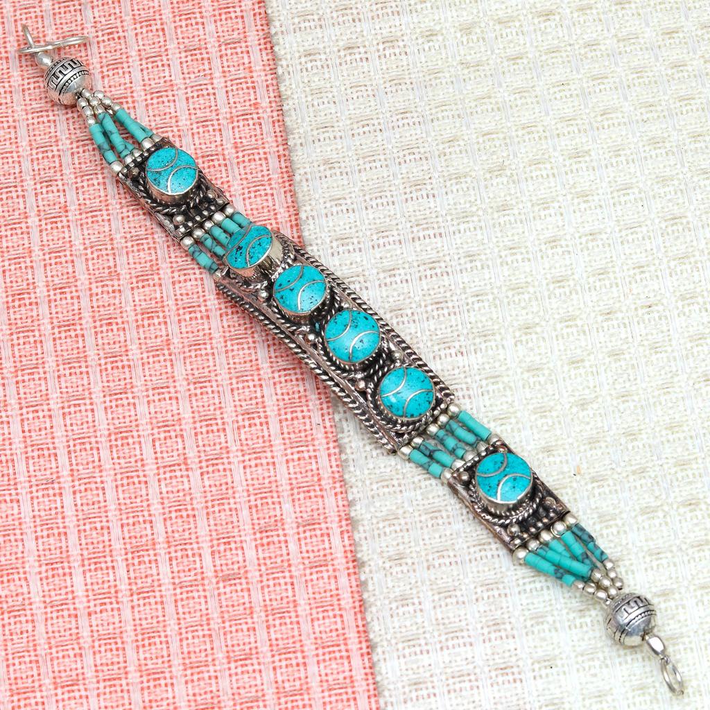 Coral Silver Red Tibetan Gemstone Nepali Turquoise Bracelet Handmade