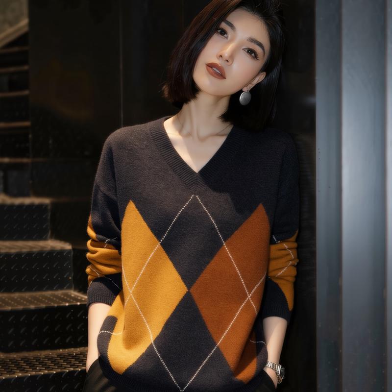 ZOSOUL Women's Argyle Wool V-Neck Pullover Sweater
