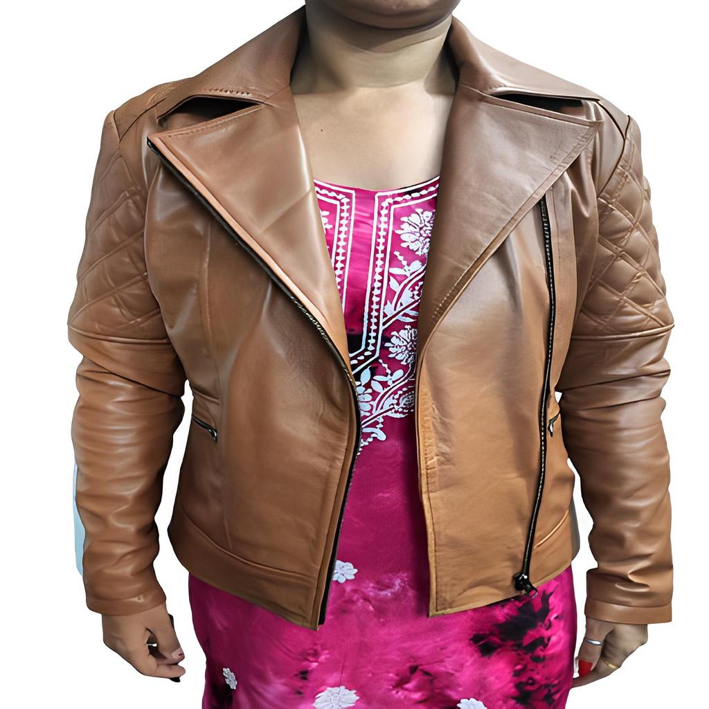 NOORA Womens  Brick Tan Colour Jacket | Cross Quilted Leather Jacket With Pocket & Multi Zip | Stylish Fashion Jacket | Biker Jacket | Western Style .