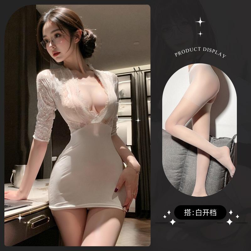 Sex Underwear Skinny Hip Skirt Sexy Secretary Uniform Seduction Deep V Breast Lace Sex Clothing