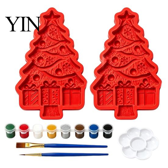 Holiday Party Decorative Crafts Christmas Tree Mold Craft Kit, DIY Casting Painting Kit with Paints Palette And Home Decor Projects Brush, Paint Your