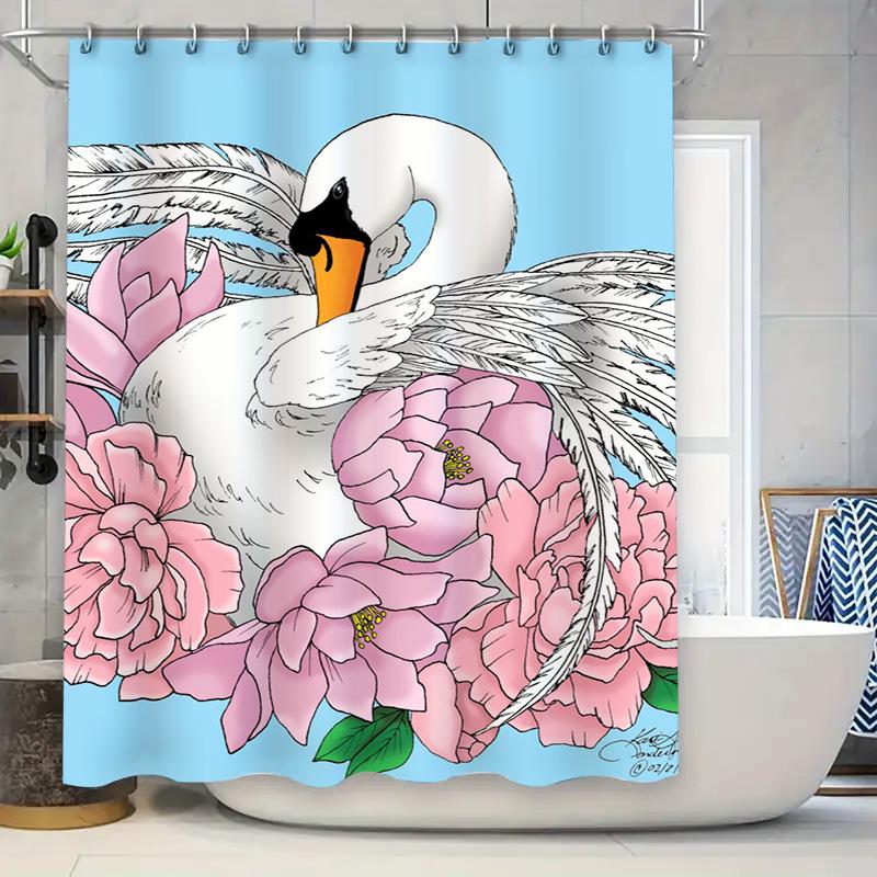 

Artistic Swan With Pink Flowers Shower Curtain: Modern Decorative Bath Mat Cover For Home Bathroom Blue Waterproof Fabric Size 1 W60H190(CM)-1 Pcs