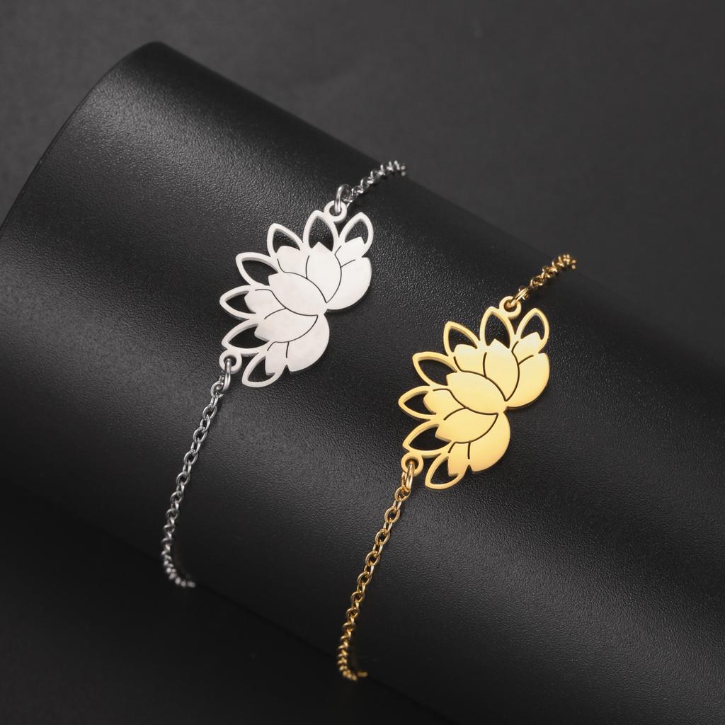 Simple Hollow Lotus Pendant Titanium Steel Bracelet Women Fashion Jewelry Gift
