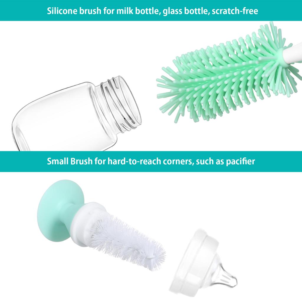 Silicone Bottle Brush Handle Baby Bottle Cleaner 360 Degree Soft for Glass Bottle with Suction Base Detachable Small Brush for Infants