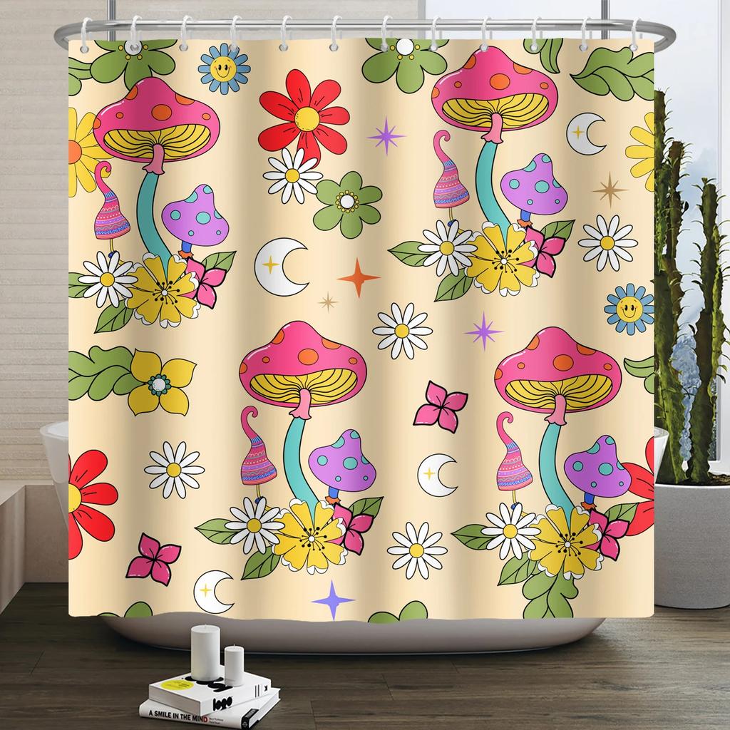 Tenda da doccia arcobaleno vintage anni '70 senza cornice, Fungo Luna Hippie Fiore Sole Luna Farfalla Botanico Vintage, Arredamento Bagno