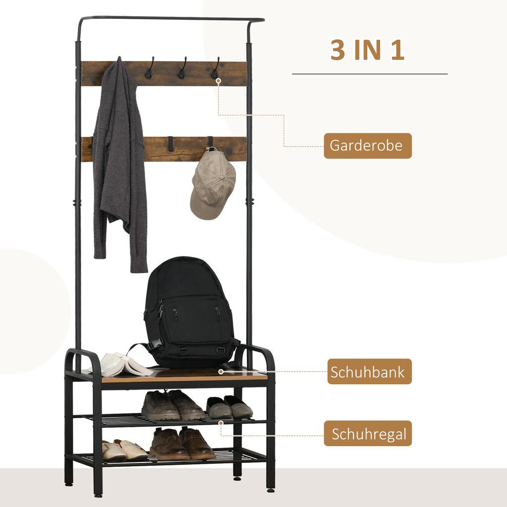 Coat Rack with Shoe Rack, 8 Hooks and 2 Shelves, MDF, 72x34x185cm, Black