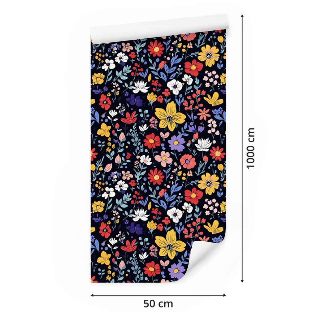 Cottagecore Flowers Wallpaper Navy Blue and Red for Living Room and Bedroom 50x1000