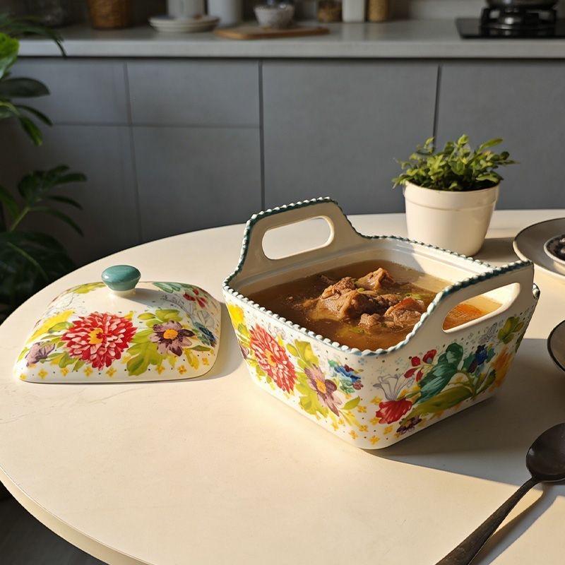 Große Keramik-Suppenschale mit Henkeln, Unterglasur, floral – Haus-Essgeschirr, Nudelschale