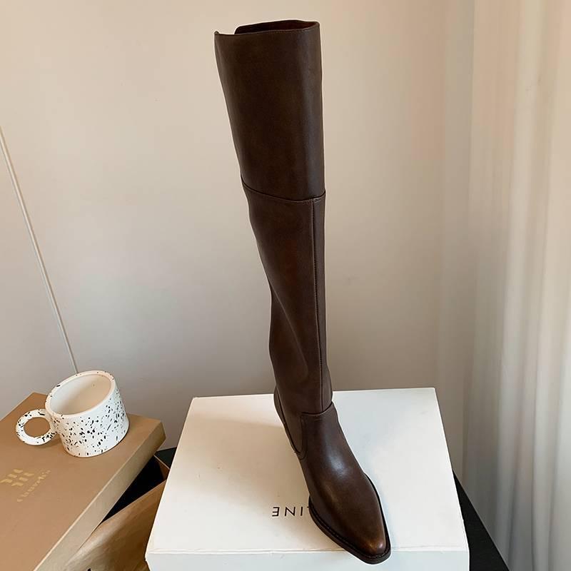 Autumn and winter high-heeled large-size women's boots, genuine leather women's leather boots, cowhide can be folded, wear more square and versati