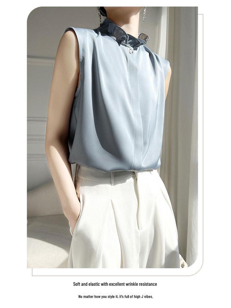 Silky Lotus Leaf Lace Collar Sleeveless Top for Women - Spring/Summer Fashion Layering Essential