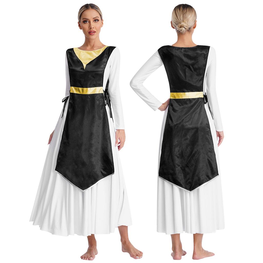 Womens Church Worship Robe Choir Performance Tunic Metallic Patchwork Lace-Up Sides Split Satin Dress Dancewear